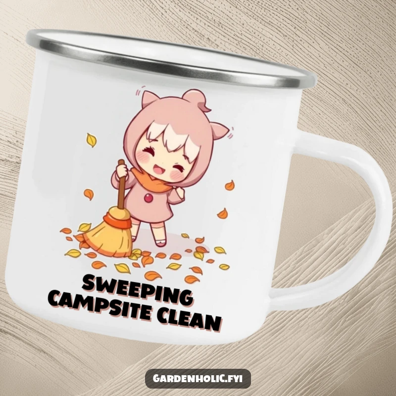 Funny Camping Mug: Character enthusiastically sweeping fallen leaves with a tiny broom, ideal for outdoor drinks and a humorous touch of autumn activity.