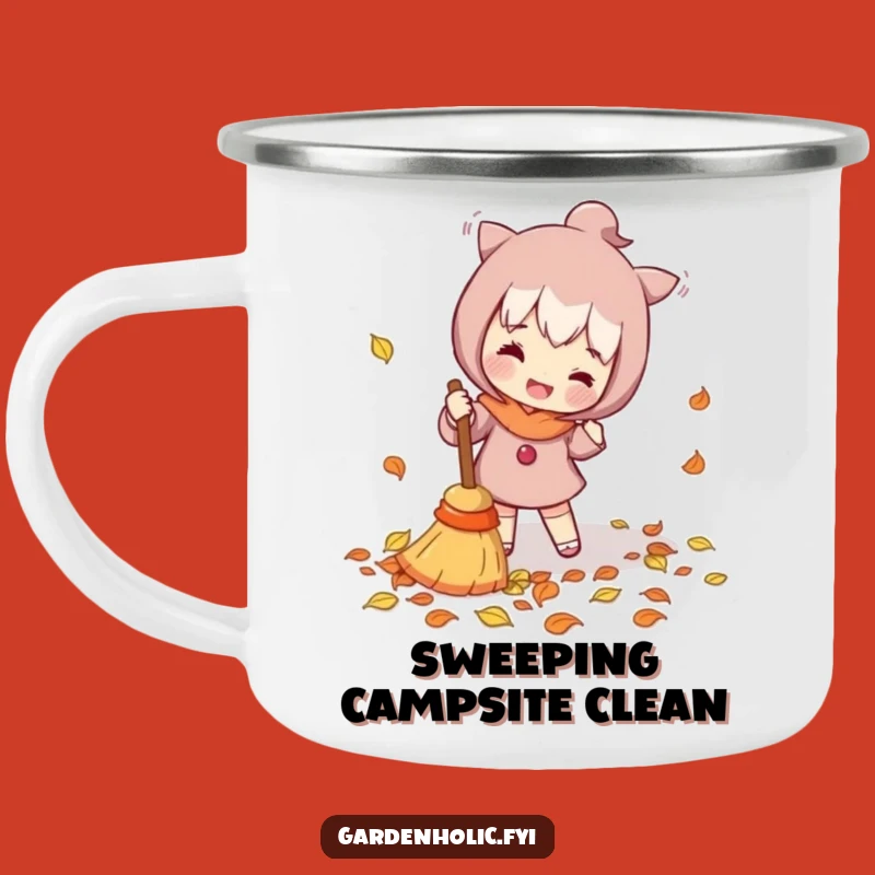 Funny Leaf Sweeper Enamel Mug - Outdoor Character Cleaning, Rugged Funny Gift for Campers