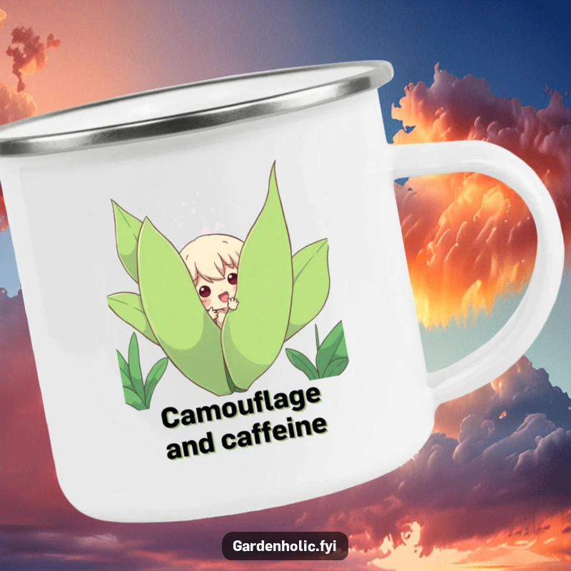 Funny Camping Mug: Character playfully peeking out from behind a large, leafy plant, ideal for outdoor drinks and humor.