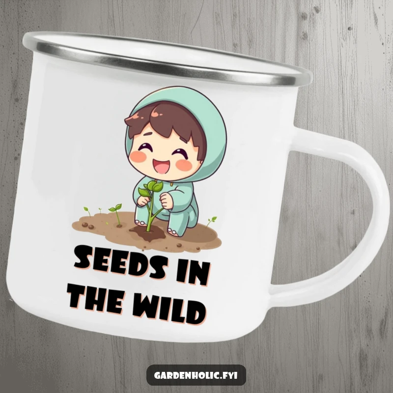 Funny camping mug with an excited character planting a seed with a beaming smile, celebrating growth outdoors.