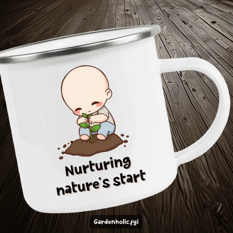 Funny Camping Mug: Tiny being carefully planting a seed, perfect for outdoor adventures and garden lovers, a great funny gift.