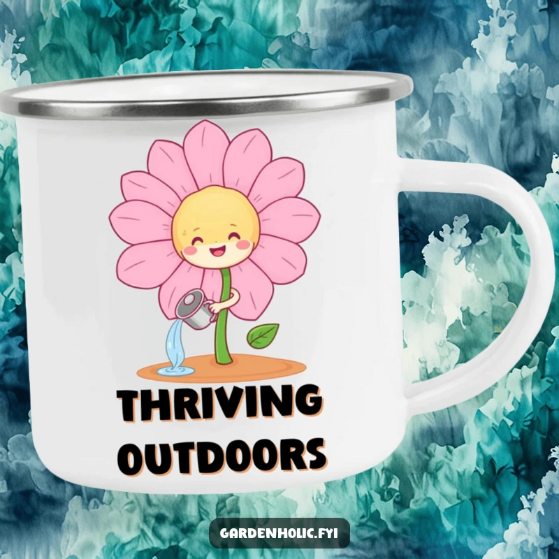 Funny sprout character watering a big, smiling flower on a durable camping mug, a funny outdoor gift.