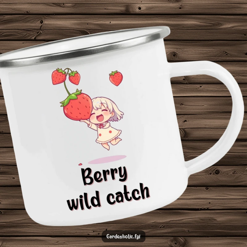 Funny camping mug with a character joyfully catching an oversized strawberry, perfect for outdoor humor.