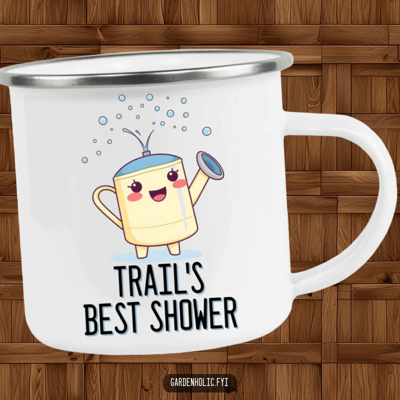 Funny Watering Can Camping Mug: A proud character showering tiny sparkling droplets, for outdoor use.