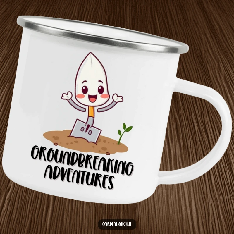 Funny playful trowel character flipping in soil on a durable camping mug, a fun and funny outdoor gift.