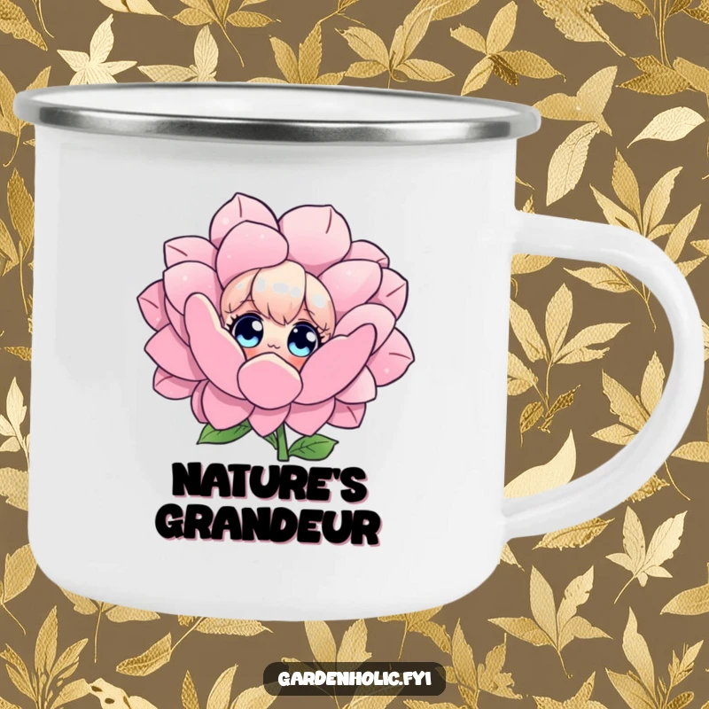 Funny camping mug showing a character with wide eyes admiring a huge flower, perfect for enjoying drinks outdoors with a touch of wonder.