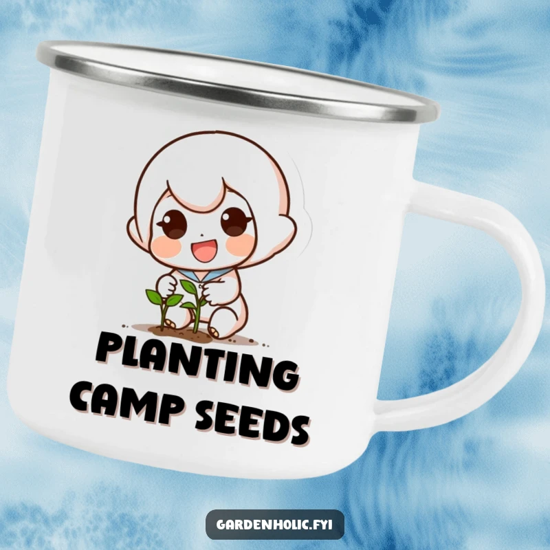 Funny camping mug with a small, excited character planting a tiny seed with a determined smile, perfect for outdoor use.