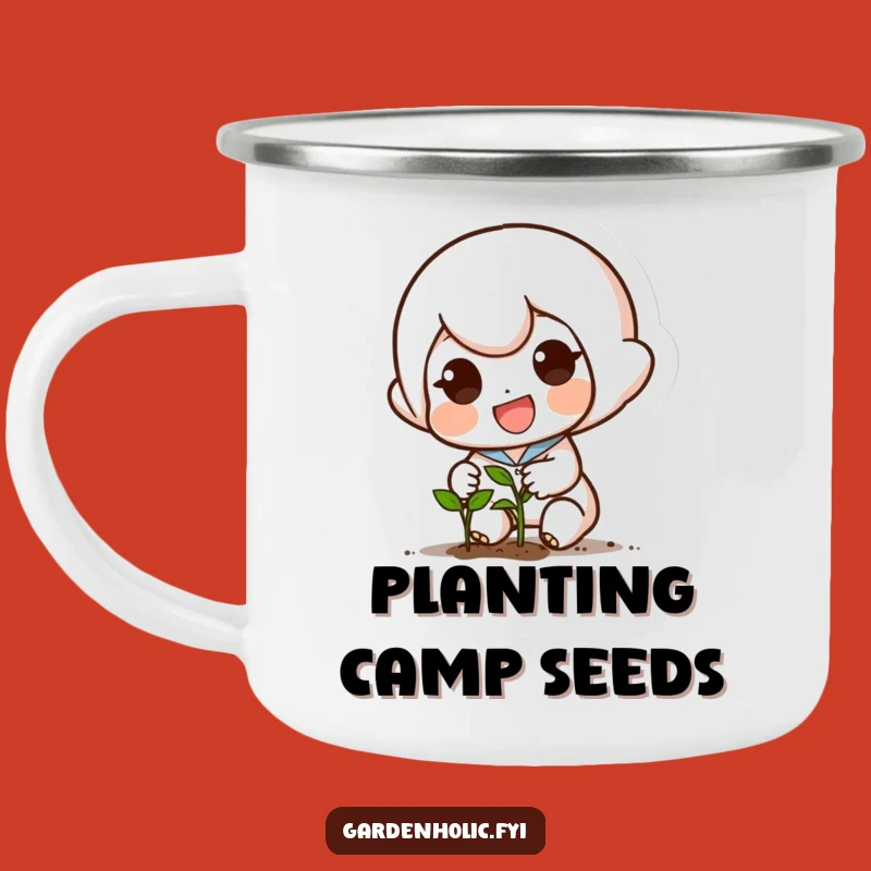Funny Camp Mug: Small Character Planting Seeds, Hilarious Outdoor Gift for Gardeners