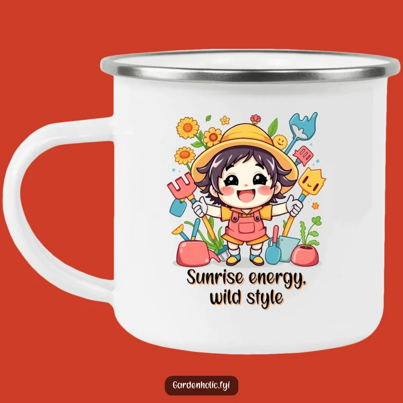 Funny Camping Mug: Energetic Gardener Character with Tools, Perfect Outdoor Humorous Gift