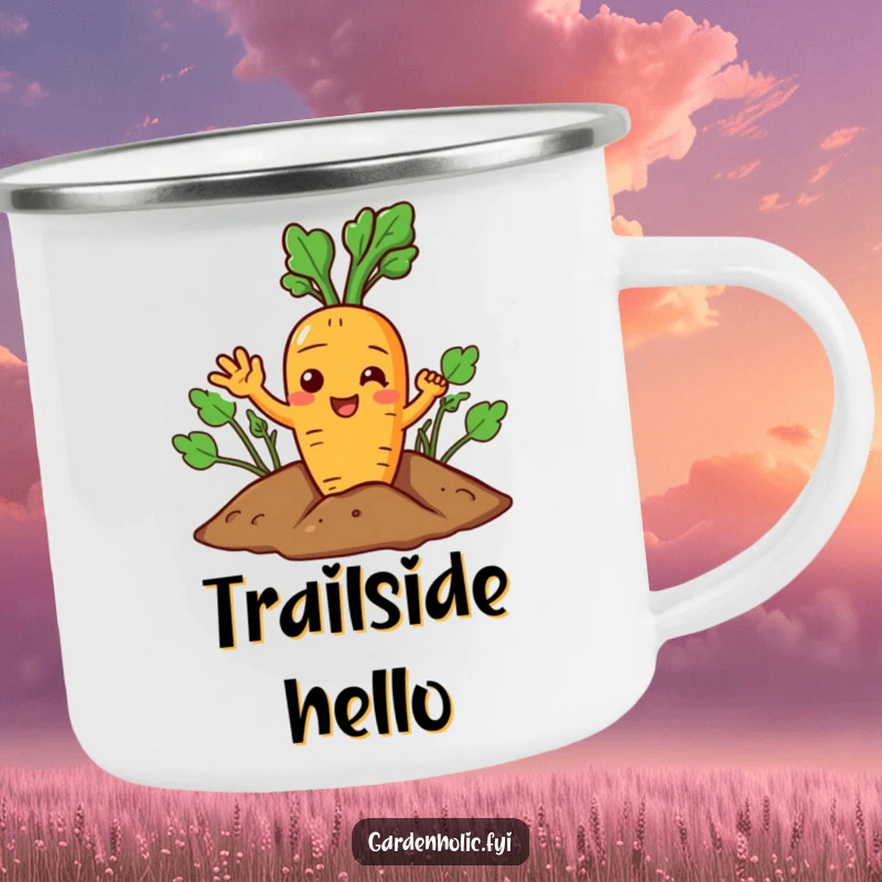 Funny Carrot Camping Mug: A joyful character giving a cheerful wave from the soil, for outdoors.