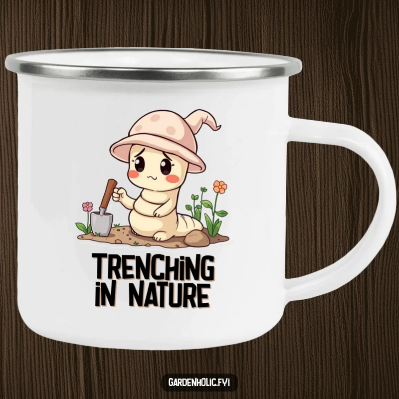 Funny camping mug with a confused worm wearing a tiny gardening hat and holding a trowel, perfect for outdoor gardening.