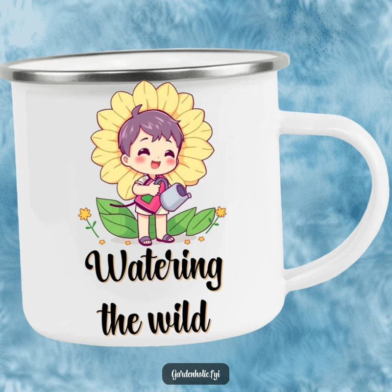 Funny camping mug depicting a character happily watering a huge, smiling flower with a mini watering can, celebrating outdoor growth.