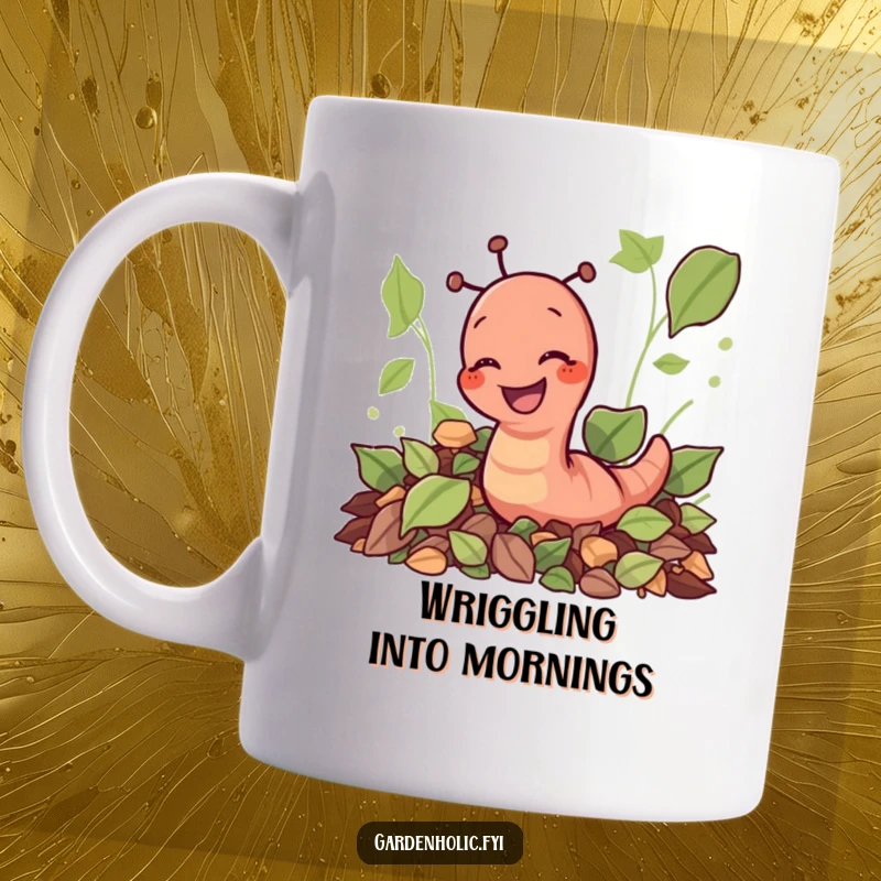 Funny giggling earthworm character playfully digging through a pile of autumn leaves on a mug, a garden humor gift.