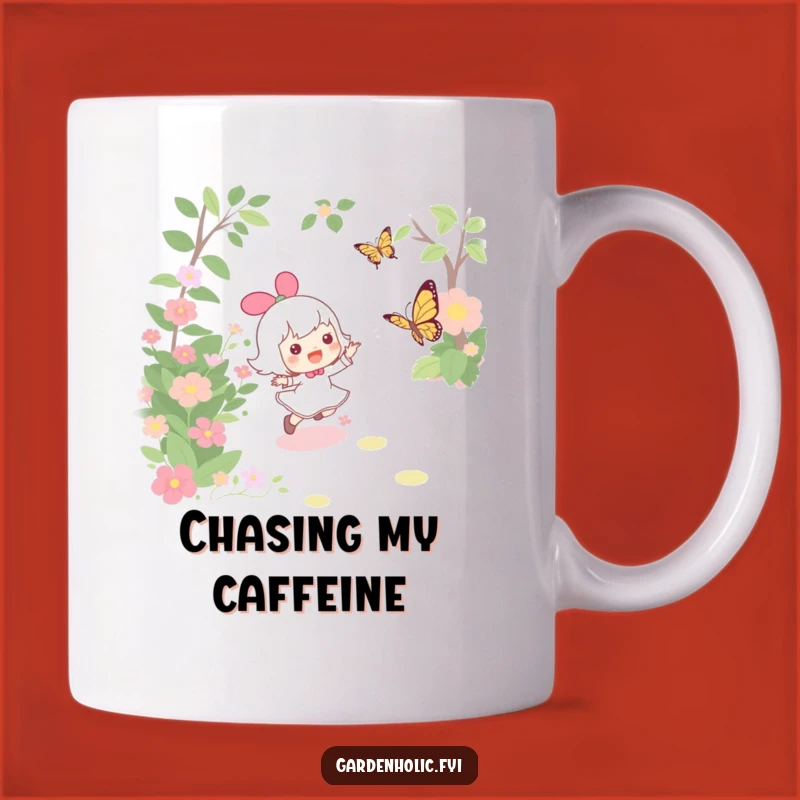 Funny Garden Mug: Joyful Chasing Character and Butterfly, Perfect Gift