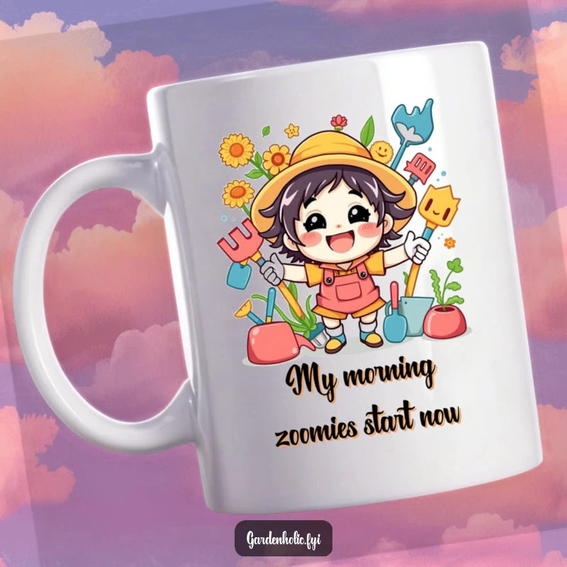 Funny mug showing a happy, energetic character surrounded by vibrant garden tools, ready to tackle any planting project with a smile.