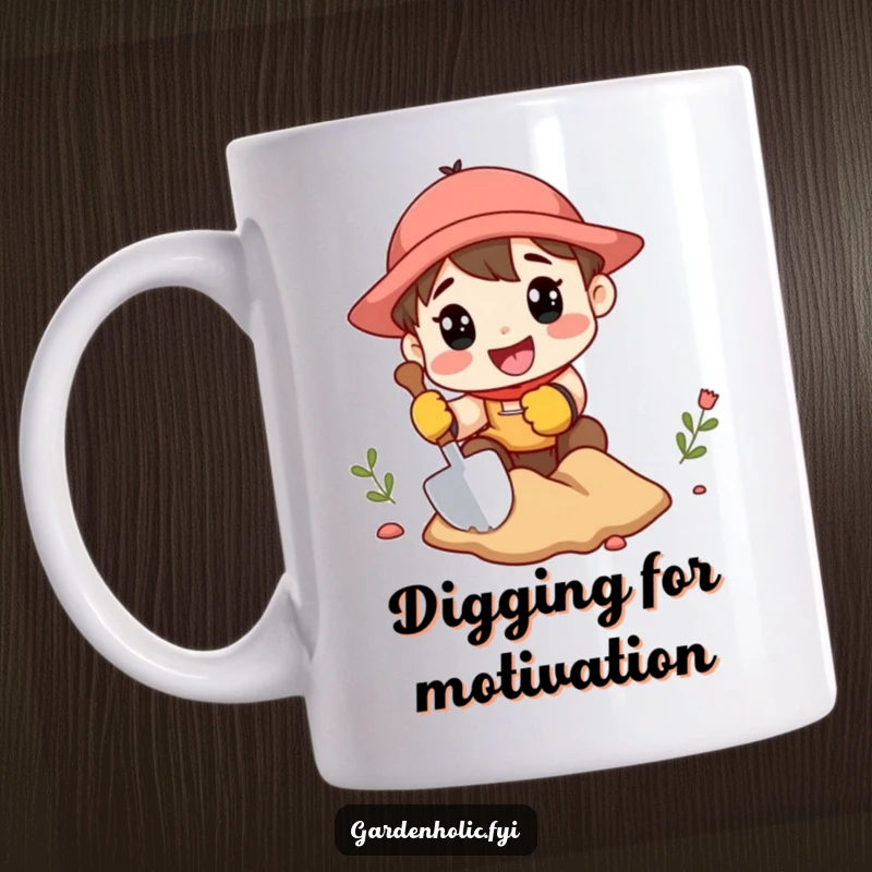 Funny mug of a character wearing gardening gloves, excitedly digging a hole with a comically small shovel.