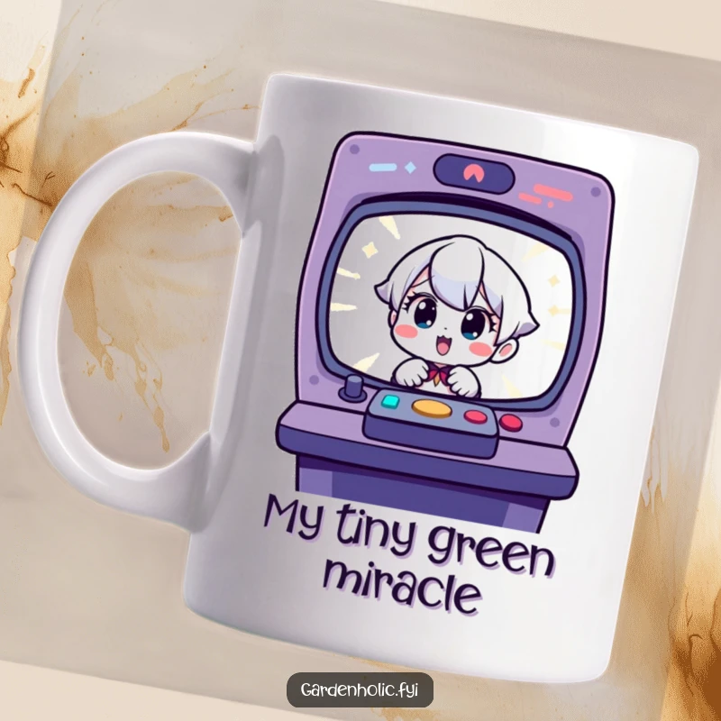 Funny mug: Charming character with a surprised and delighted expression, looking at a tiny, sprouting seedling.