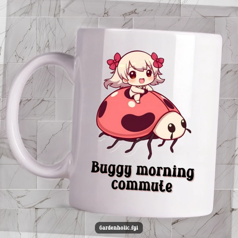 Funny Mug: A character happily rides astride a large ladybug, embodying pure joy and whimsical adventure.