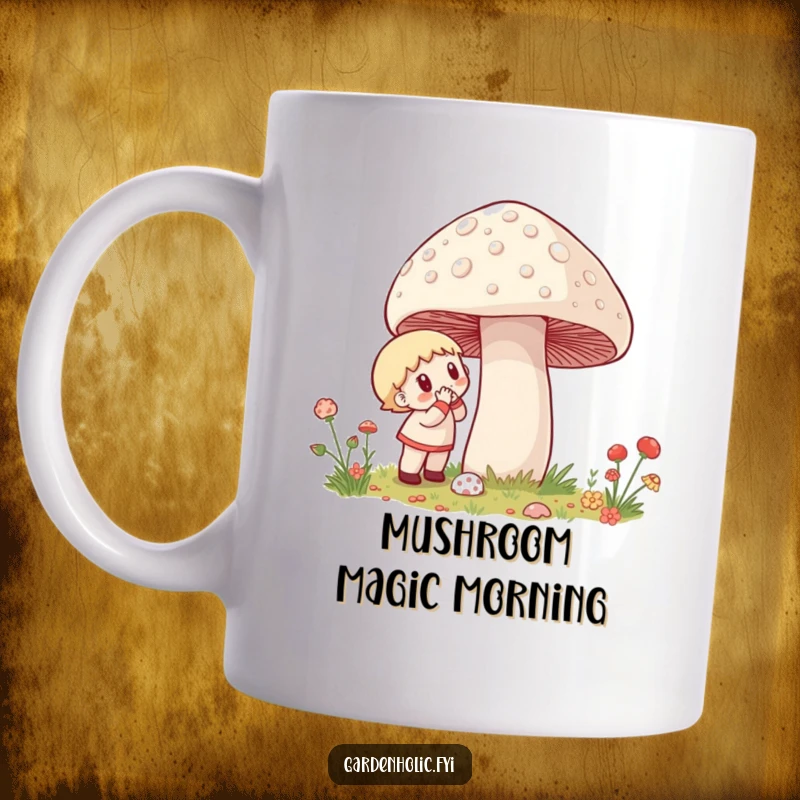 Funny Mug: A character excitedly examines a very large, dewy mushroom, showcasing awe and humor.