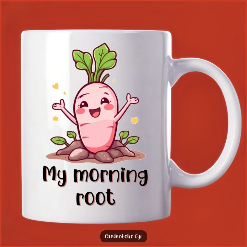 Funny Radish Mug: Happy Veggie Bursting from Ground, Perfect Funny Gift