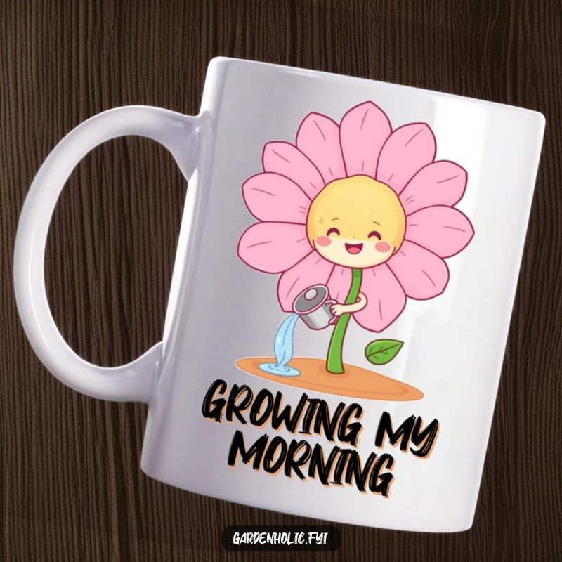 Funny sprout character happily watering a giant, smiling flower on a ceramic mug, a delightful gardening gift.