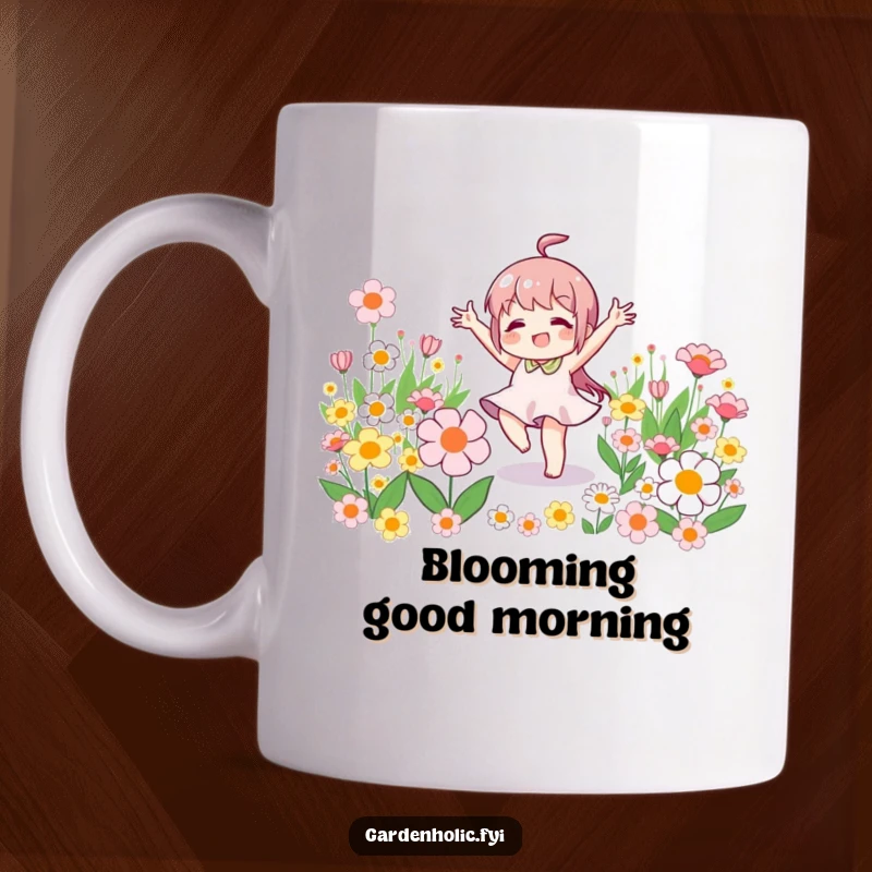 Funny mug of a little character joyfully doing a victory dance amidst a patch of blooming flowers, celebrating happiness.