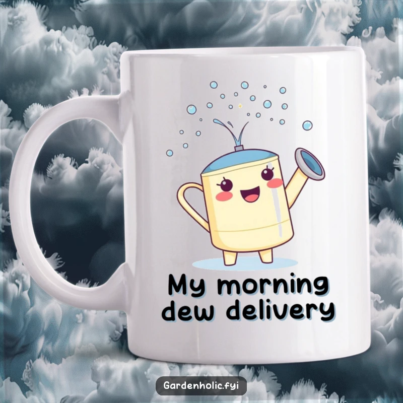 Funny Watering Can Mug: A proud character showering tiny sparkling droplets, perfect for garden enthusiasts.