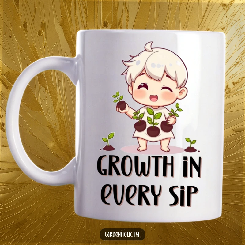 Funny mug with a joyful character carefully juggling three small green seedlings, celebrating the art of gardening and new growth.