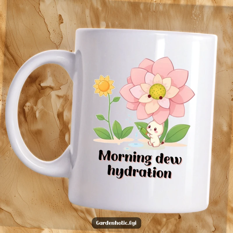 Funny Mug: Small creature happily watering a giant, blooming flower, symbolizing care and growth with a humorous, whimsical touch.