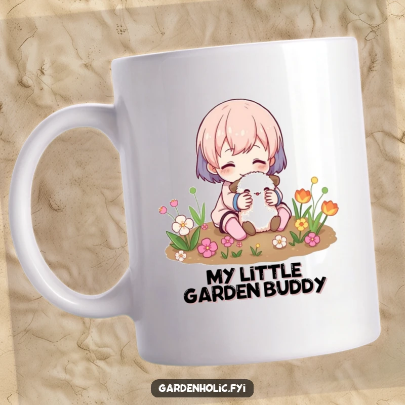 Funny Mug: A joyful character cuddles a fluffy creature amidst garden plants, showcasing a heartwarming and humorous connection.