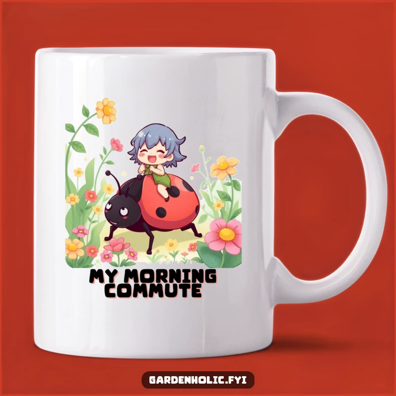 Funny Ladybug Rider Mug: Gleeful Character Adventure in a Garden, Perfect Funny Gift