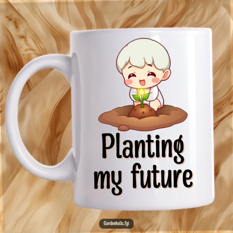 Funny Mug: Character excitedly planting a tiny, glowing seed, symbolizing growth and a bright, humorous future.