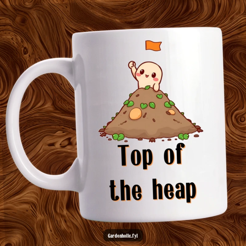Funny Mug: A character triumphantly waves a small flag from atop a compost pile, signifying gardening success.