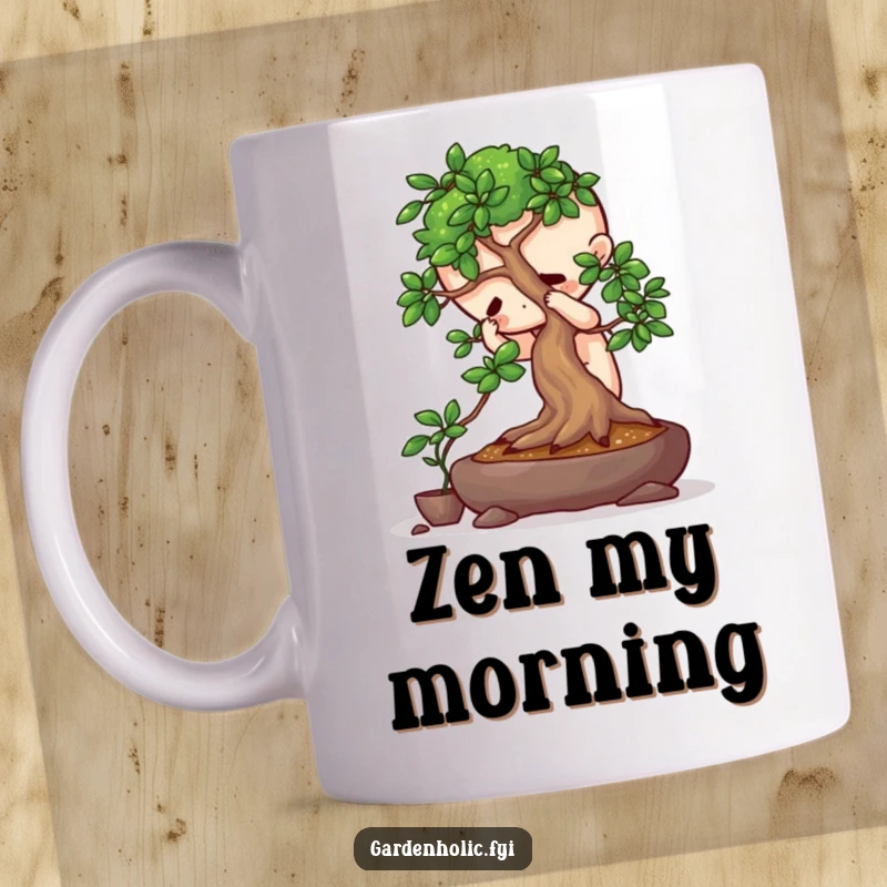 Funny mug of a playful character intensely focused on pruning a miniature bonsai tree with precision and calm.