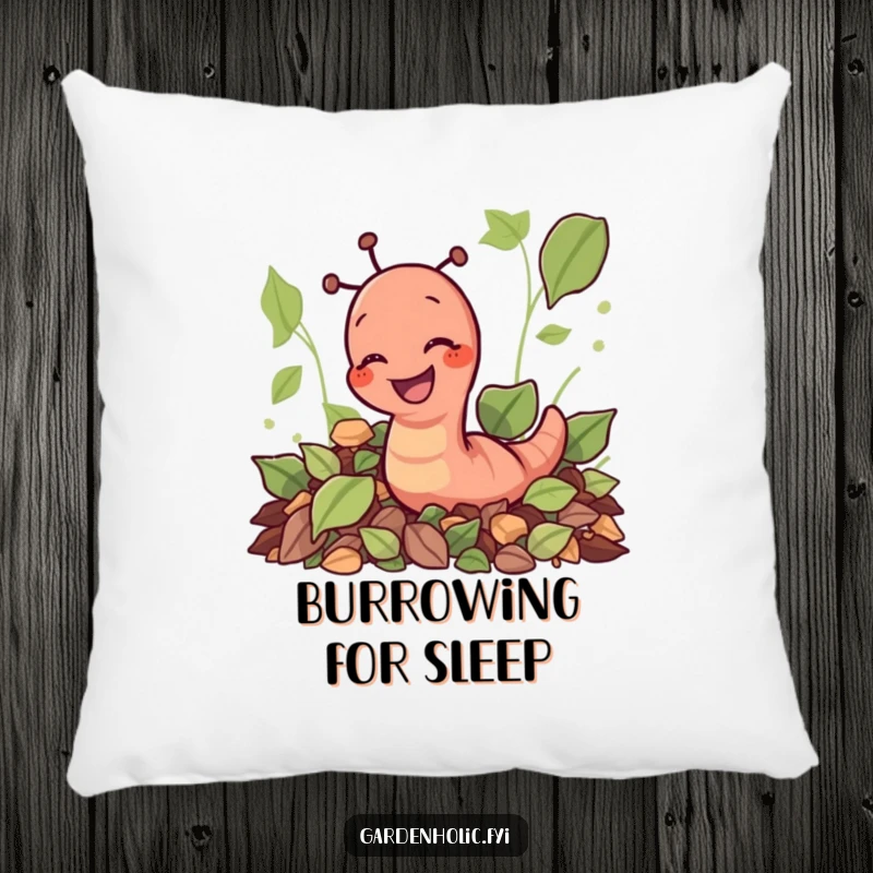 Funny giggling earthworm character digging through leaves on a plush pillow, a cozy and funny home decor gift.