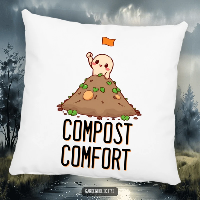 Funny Pillow: A character is depicted waving a tiny flag from atop a compost pile, adding humorous garden pride.