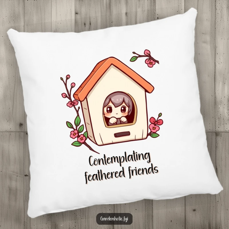 Funny pillow with a curious character peeking into a small birdhouse, offering soft comfort and humorous decor.