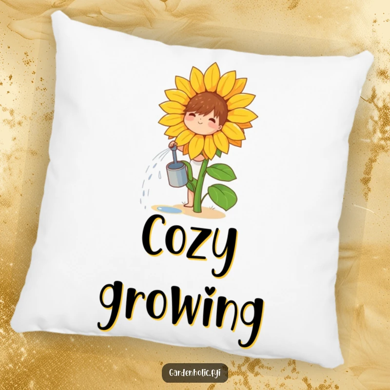 Funny pillow with a small, joyful character watering a giant sunflower, perfect for cozying up.