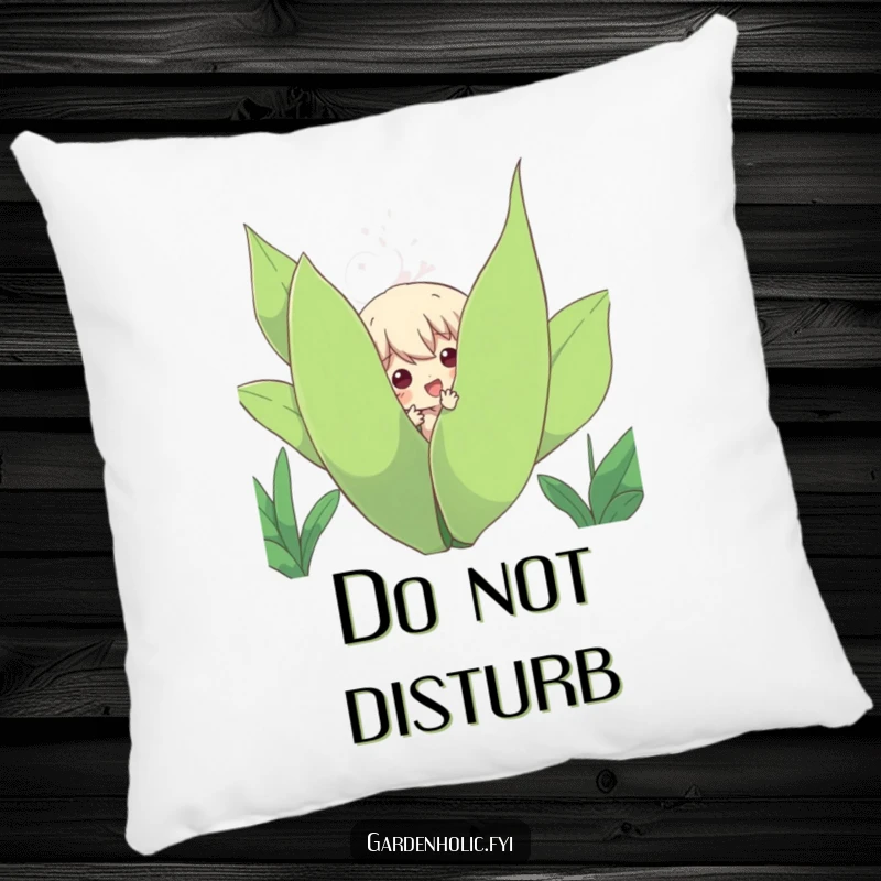 Funny Pillow: Character playfully peeking out from behind a large, leafy plant, offering comfort and a touch of humorous greenery.