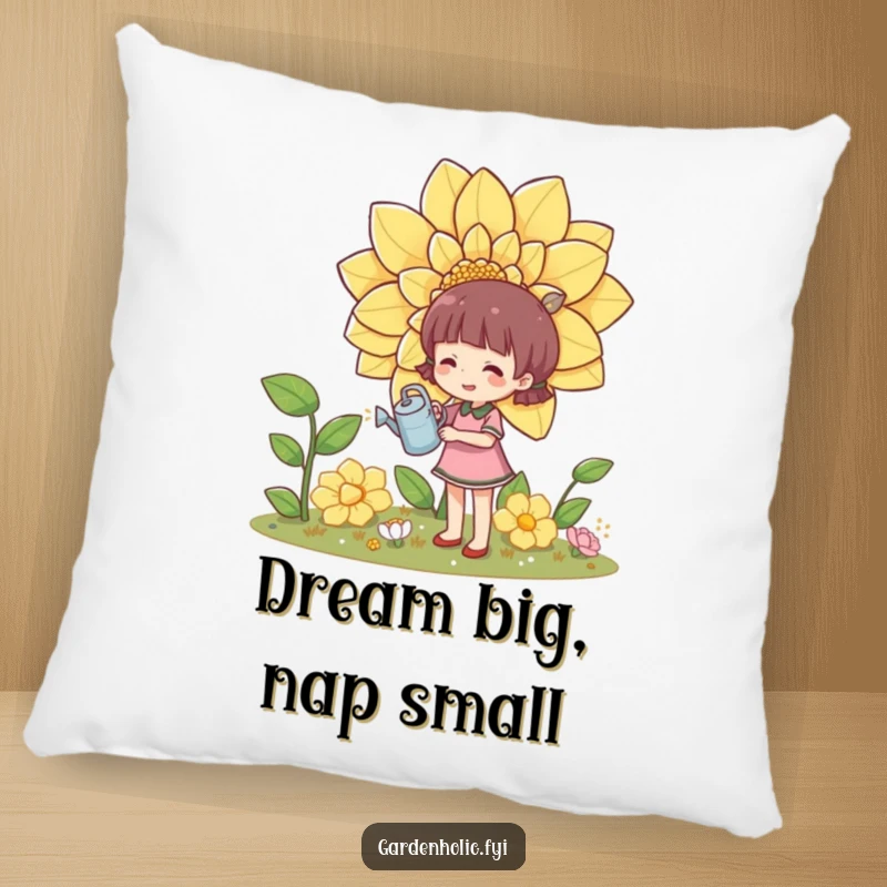 Funny pillow depicting a character happily watering a giant flower with a tiny watering can, perfect for relaxation.