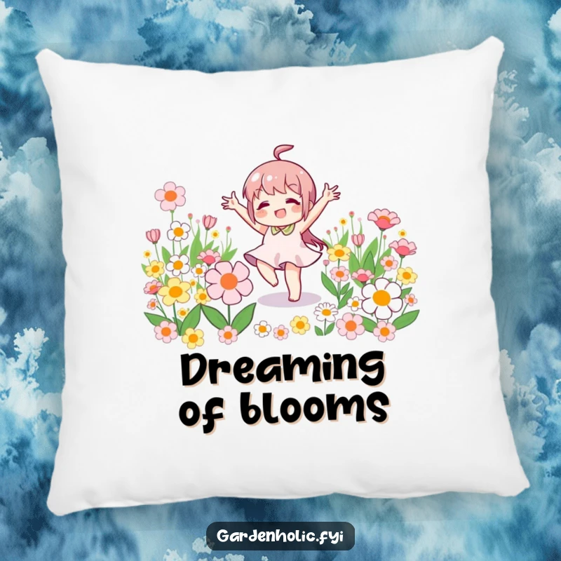 Funny pillow featuring a little character joyfully doing a victory dance amidst blooming flowers, perfect for cozy relaxation.