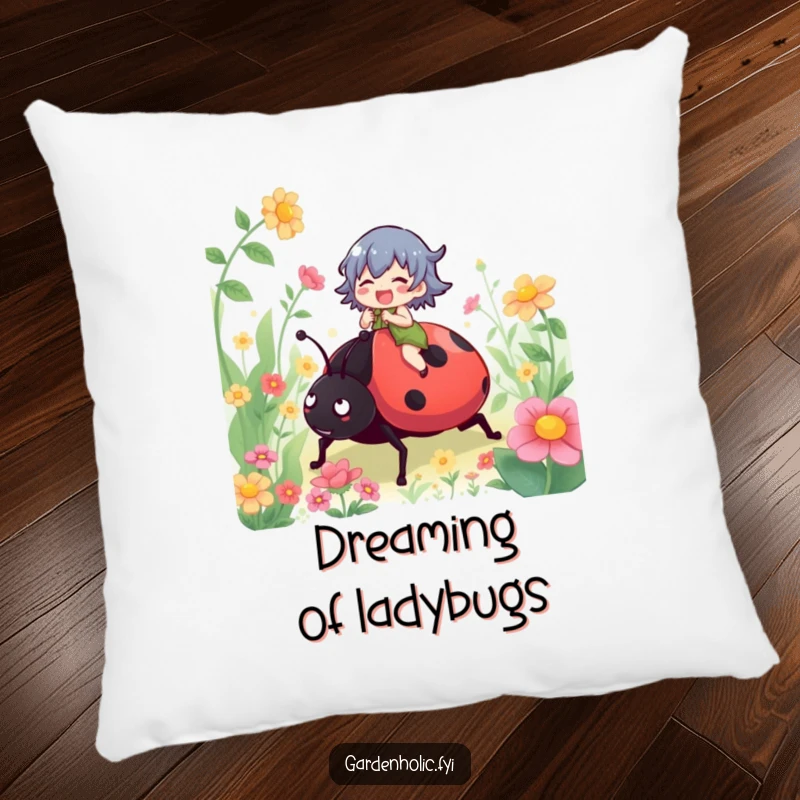 Funny pillow featuring a gleeful character on a giant ladybug, set against a whimsical garden backdrop, offering comfort and charm.