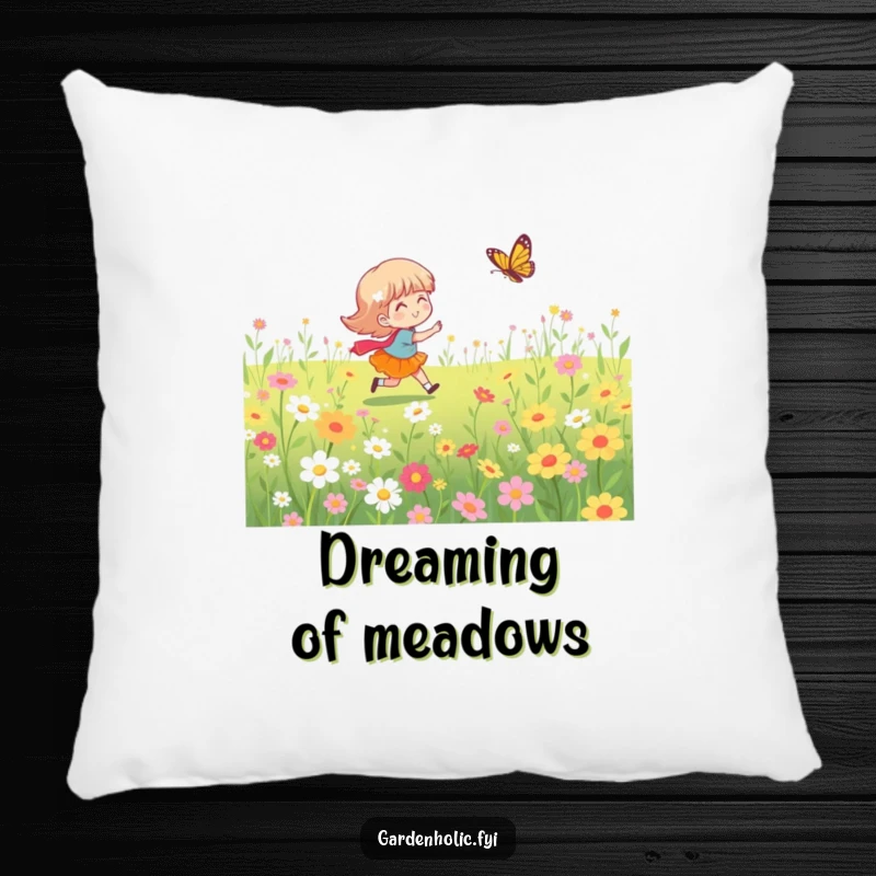 Funny throw pillow showing a character joyfully chasing a butterfly through a vibrant flower field, bringing whimsical comfort.