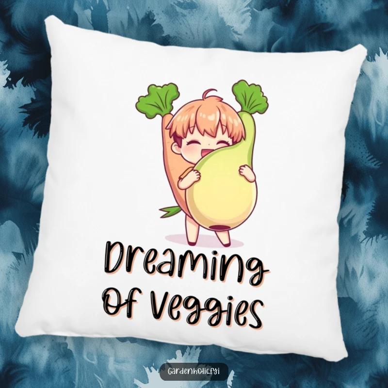 Funny Pillow: Character joyfully holding a plump, oversized vegetable, offering cozy comfort and humorous garden pride, a delightful funny gift.