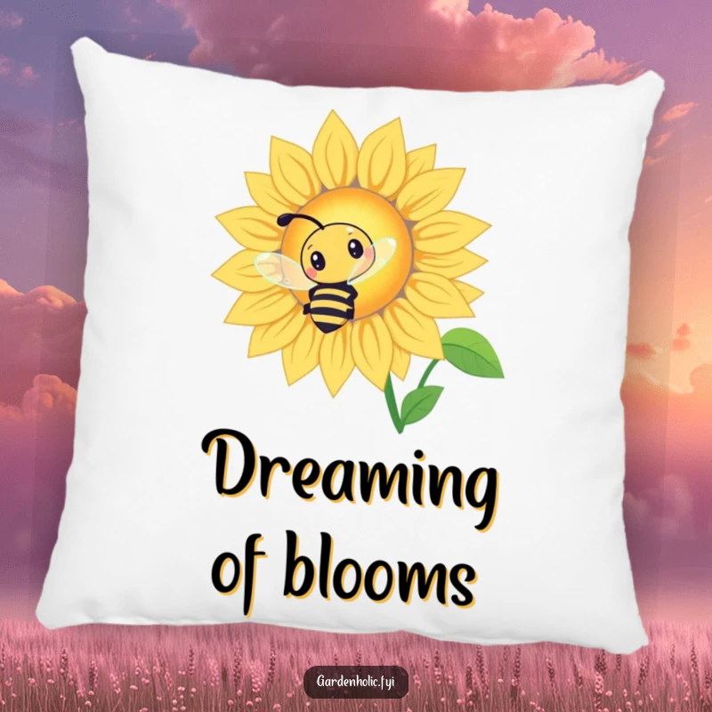 Funny Bee Sunflower Pillow: A curious bee buzzing around a giant glowing sunflower, for comfort.