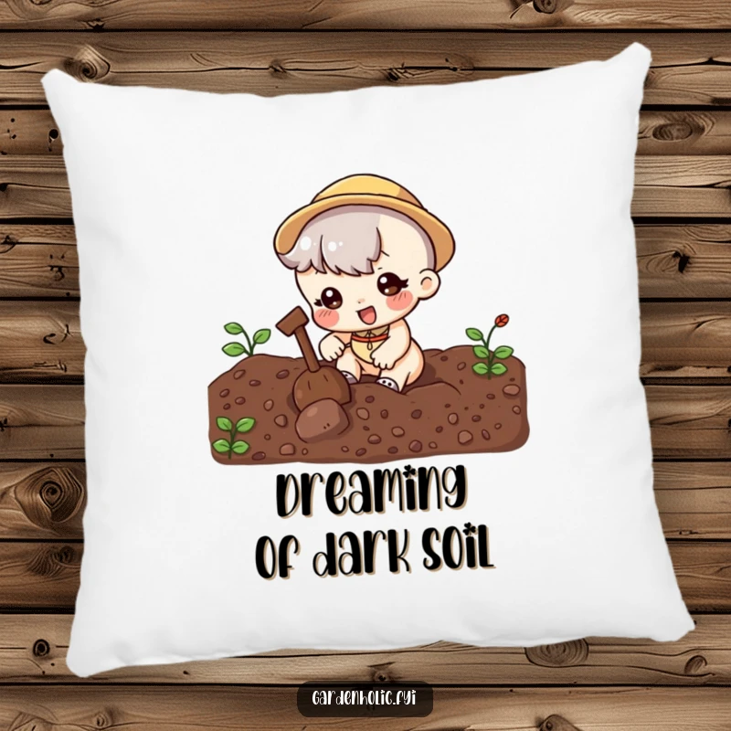 Funny Pillow: Cute character enthusiastically digging in soil, offering comfort and humor for garden enthusiasts, a delightful funny gift.