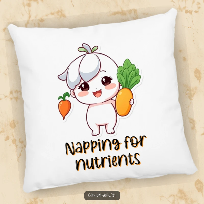 Funny pillow: Tiny character beaming with pride, holding a perfect, shiny vegetable, ideal for garden lovers.