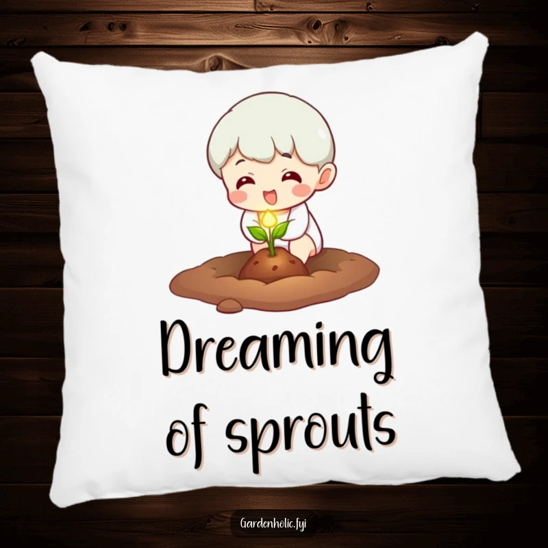 Funny Pillow: Character excitedly planting a tiny, glowing seed, offering comfort with a humorous touch of luminous hope.
