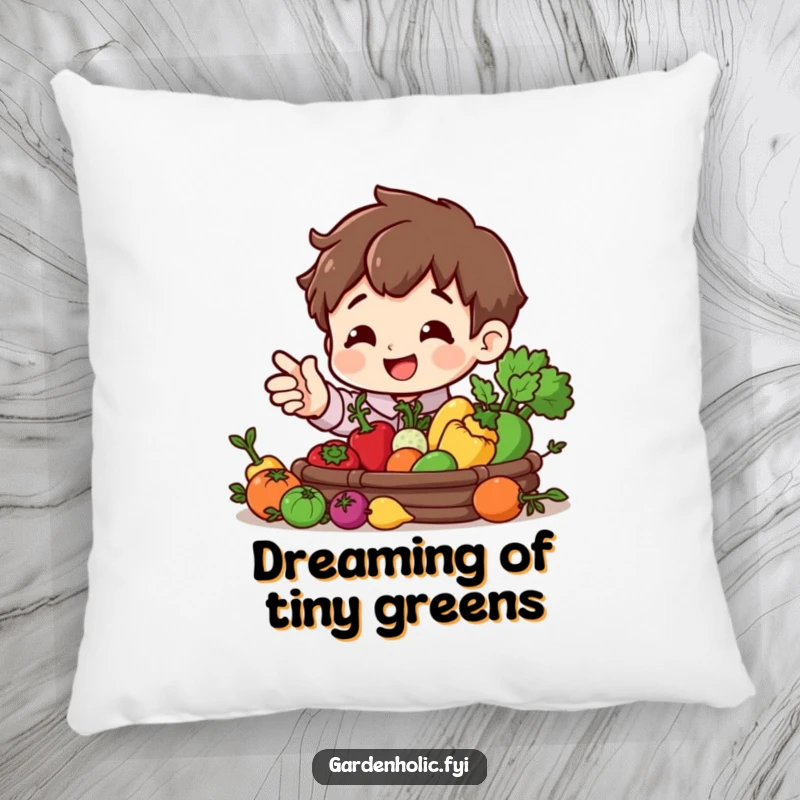 Funny pillow with a smiling character presenting a miniature harvest of vegetables, adding cozy humor to any room.
