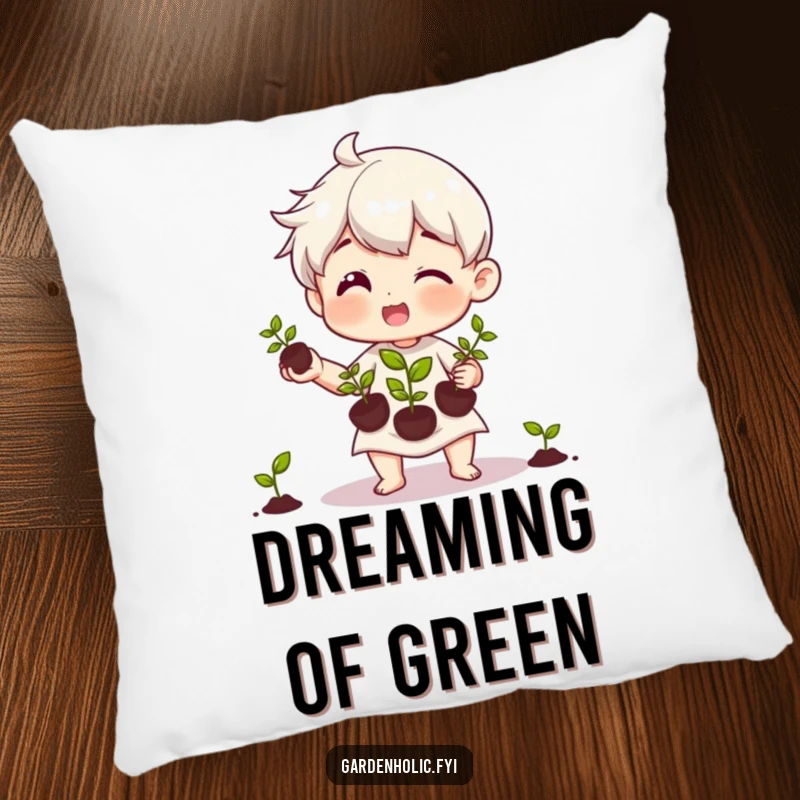 Funny pillow featuring a character joyfully juggling three tiny seedlings, perfect for adding a touch of plant-themed comfort.